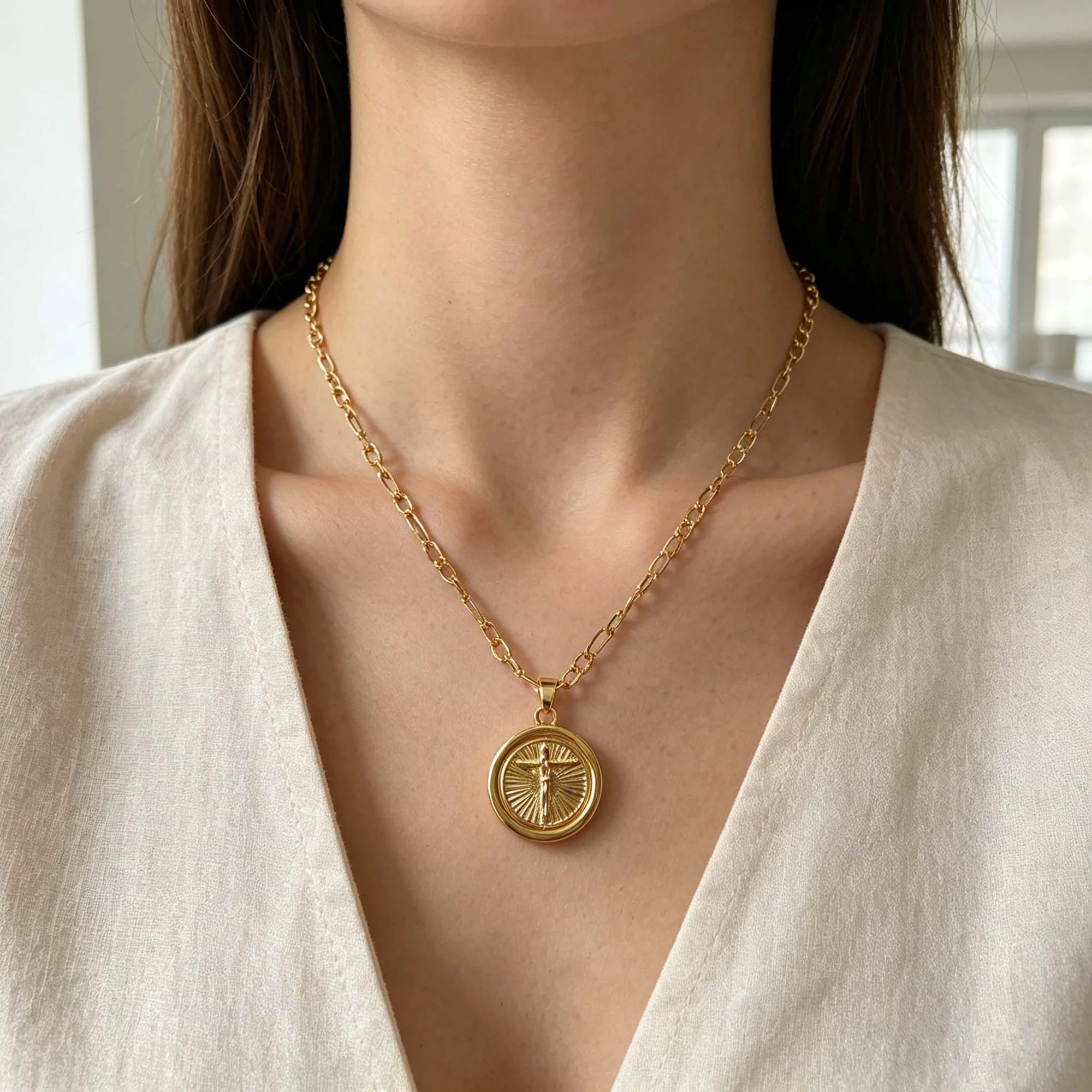 Pure Copper Rotatable Double‑Sided Dual‑Image Pendant Necklace Crucifix Jesus and the Virgin Mary Unisex Religious Jewelry Gift