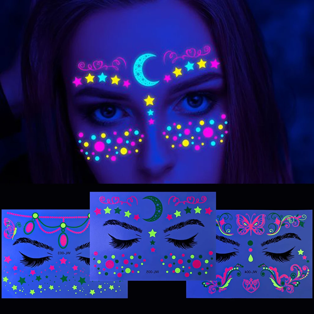 1pc Glow in The Dark Temporary Tattoos Face Stickers Fluorescent Makeup UV Neon Butterfly Floral Tattoo Body Stickers Decoration