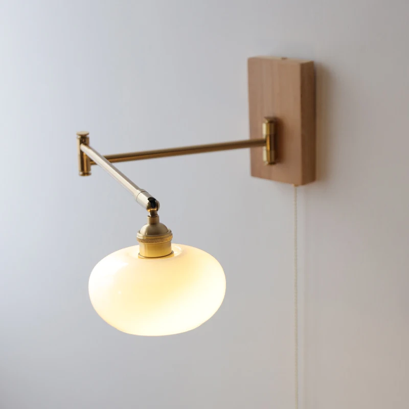 IWHD Pull Chain Switch LED Wall Lamp Beside Bedroom Living Room Light Arm Left Right Totate Wood Canopy Applique Murale Sconce