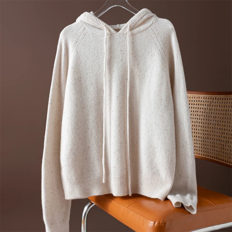 

Women Hoodie Sweater 100% Natural Cream-white Hooded Neck Long Sleeve Pullover Top Warm Autumn Winter M1463