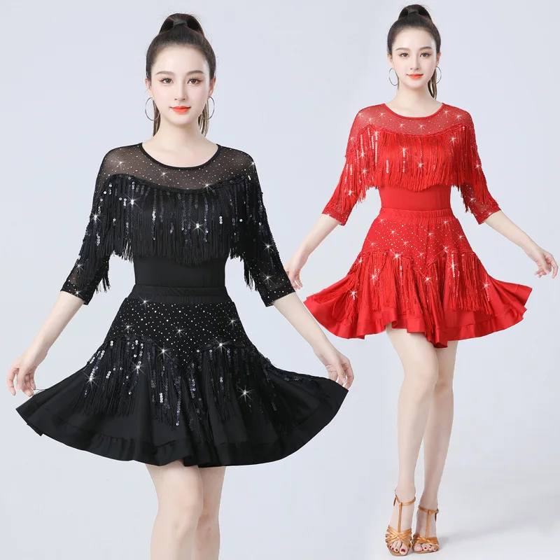 

Женский костюм для взрослых в латиноамериканском современном национальном стандарте, сексуальный кружевной костюм с блестками, комплект, платье с бахромой, юбка