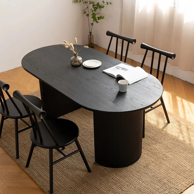 *Solid wood round dining table simple retro oval integrated super thick log dining table