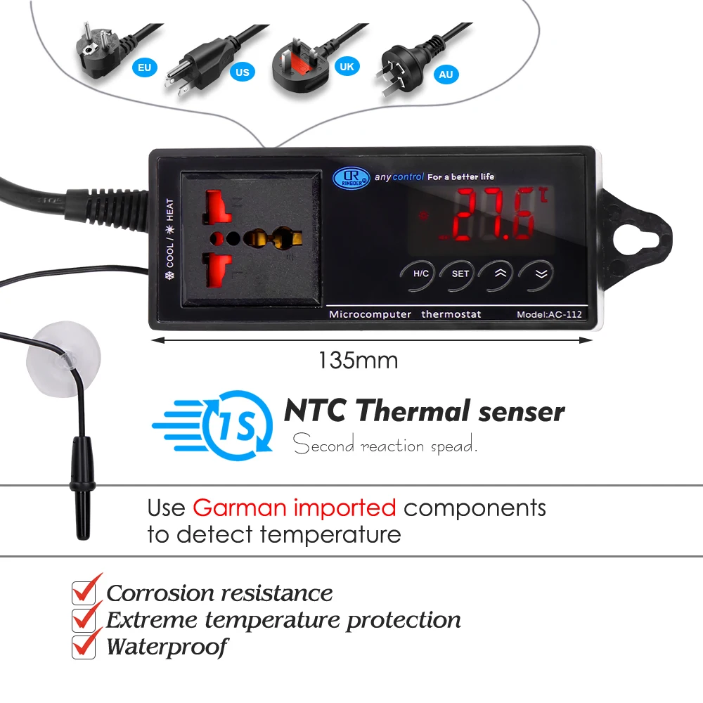 Digital LED Temperature Sensor Reptile Terrarium Thermostat Controller Outlet Thermostat Suction Cup for Aquarium Garden Plants