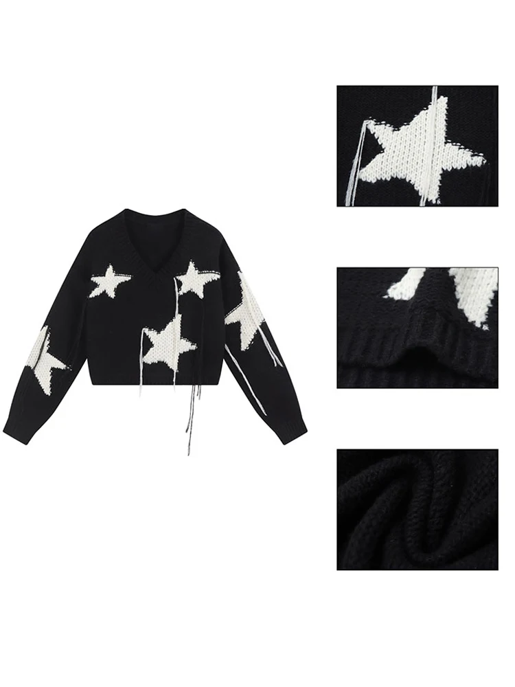 2023 Fall Winter Warm Harajuku Fashion O-neck Star Cropped Sweaters Long Sleeve Pullovers Top Woman 2000s Streetwear Jerseys New