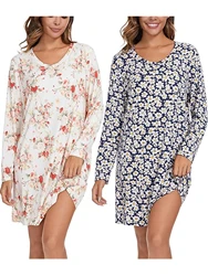 2pcs Ditsy Floral Nightdress Set Soft Stylish V Neck Long Sleeve Sleep Dresses For Women Casual Feminine Sleepwear Ensemble