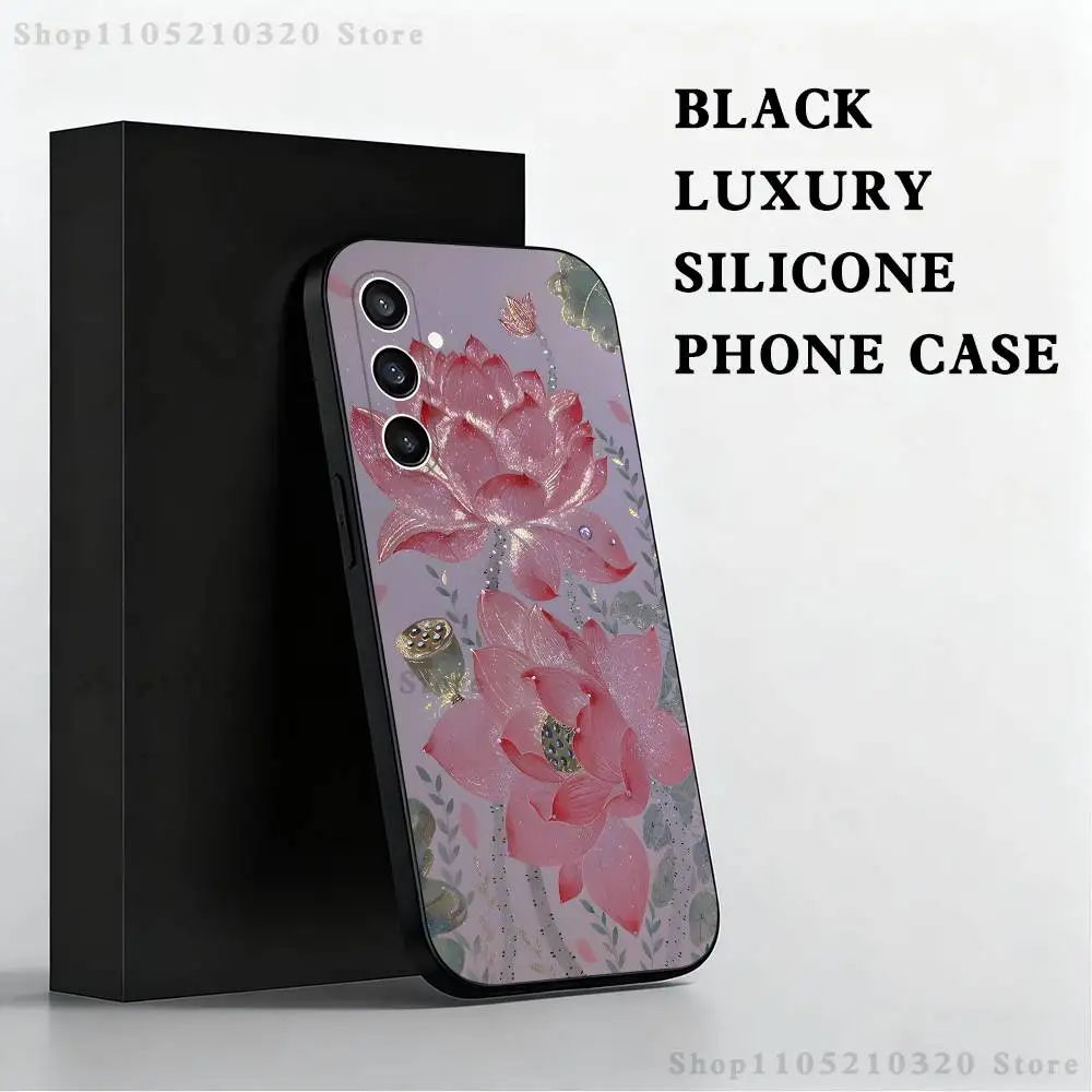 حافظة هاتف بنمط اللوتس الذهبي لهاتف سامسونج S 25,24,23,22,30,21,10,9,Ultra,Plus,Lite,FE,4,5G حافظة ناعمة سوداء #3