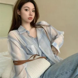 Summer Woman Clothes Long Sleeve Thin Outerwear Chic Sunscreen Shirt Elegant Striped Loose Korean Fashion Comfortable All-match