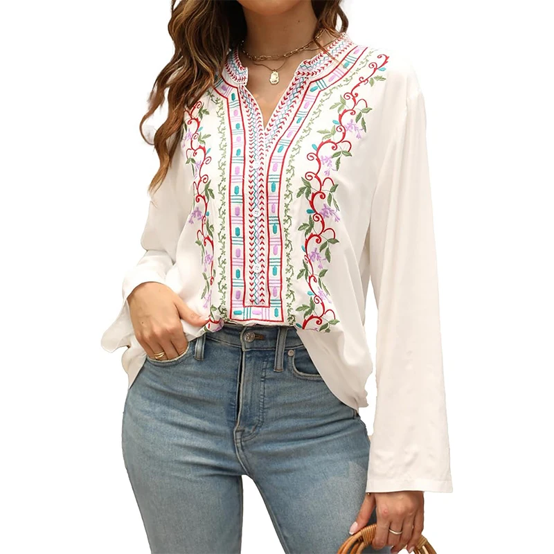 Eaeovni Boho Embroidered Tunic Tops Loose Fit Long Sleeve Mexican Peasant Blouses, Plus Size Bohemian Tunics Hippie Clothes