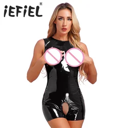 Womens Exotic Teddies Patent Leather Cutout Bodysuit Open Cups Crotchless Open Butt Bodycon Leotard for Lingerie Nightclub Party