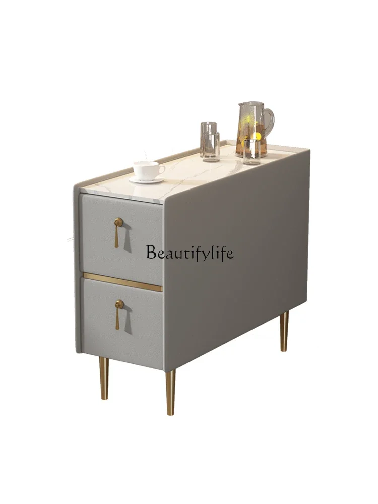 

Light luxury Italian rock slab sofa side cabinet, simple modern leather solid wood storage cabinet