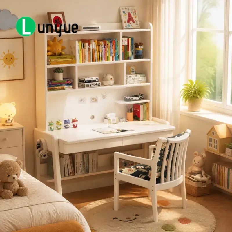 Modern Solid Rubber Wood Study Desk with LED Eye Protection Light and Bookshelf for Kids Students Home Office Learning