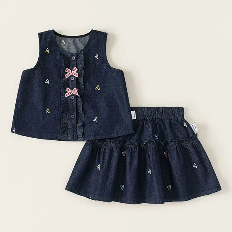 

2Piece Summmer Toddler Girl Clothes Korean Fashion Cute Bow Sleeveless Denim Blue Baby Tops+Skirt Kids' Sets And Outfits B433