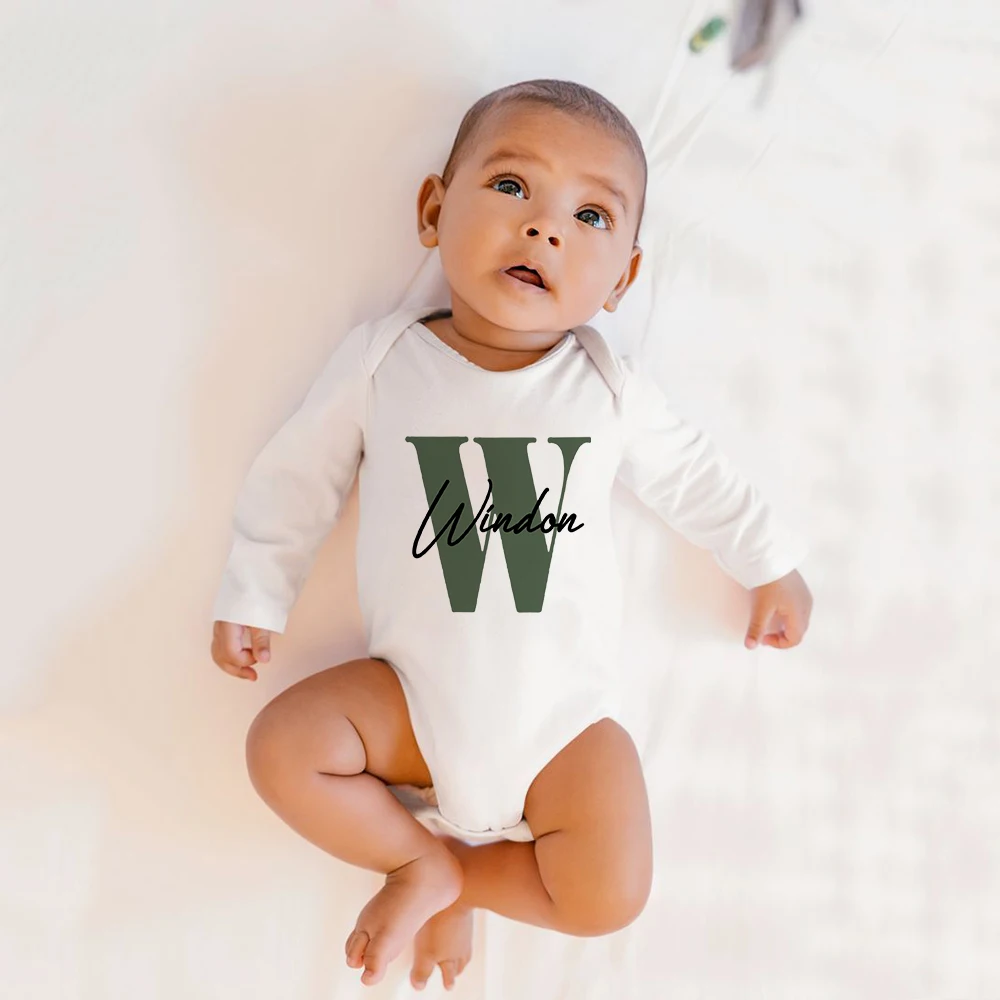 

Personalised Baby Boy Name Bodysuits Pregnancy Announcement Shower Gift Custom Initial Letter and Name Jumpsuit Playsuit Clothes