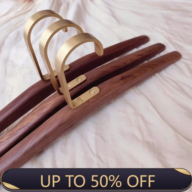 Light Luxury Solid Wood Clothes Hanger – Black Walnut & Brass Coat Hook, Non-Slip No-Trace Hanger For Home & Boutique Display