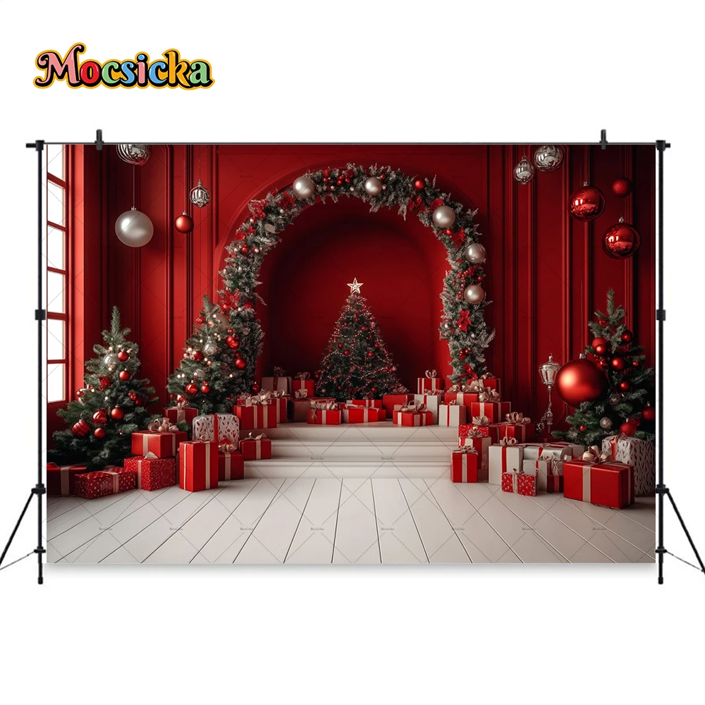 تصوير خلفية غرفة عيد الميلاد الحمراء ، باب مقوس ، شجرة عيد الميلاد ، خلفية جدار القصر ، ديكور للأطفال ، استوديو صور عائلي ، شتاء