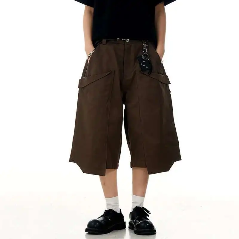 

Street Solid High Color Pleated Shorts Men Niche Stylish Wide Leg Versatile Over Knee Length Male Overalls Summer HVQ1