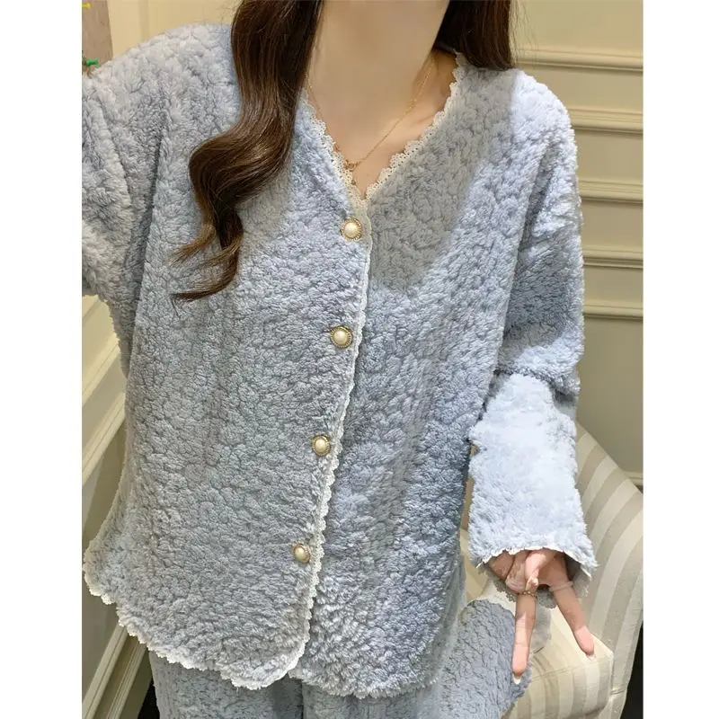 

Новые коралловые бархатные пижамы, женский осенне-зимний комплект домашней одежды, сохраняющий тепло, женская одежда для дома, новый стиль, домашняя одежда, верхняя одежда, костюм