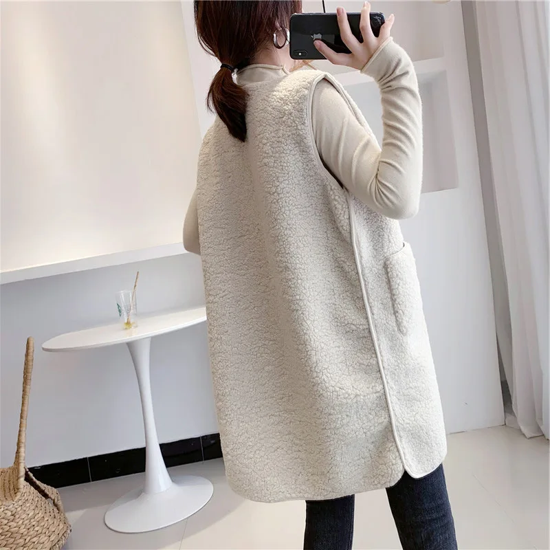Women Autumn Winter Faux Lamb Fur Vest Pure Soft Pockets Button Mid-length Style Waistcoat Loose Casual Fleece Cardigan Cloths