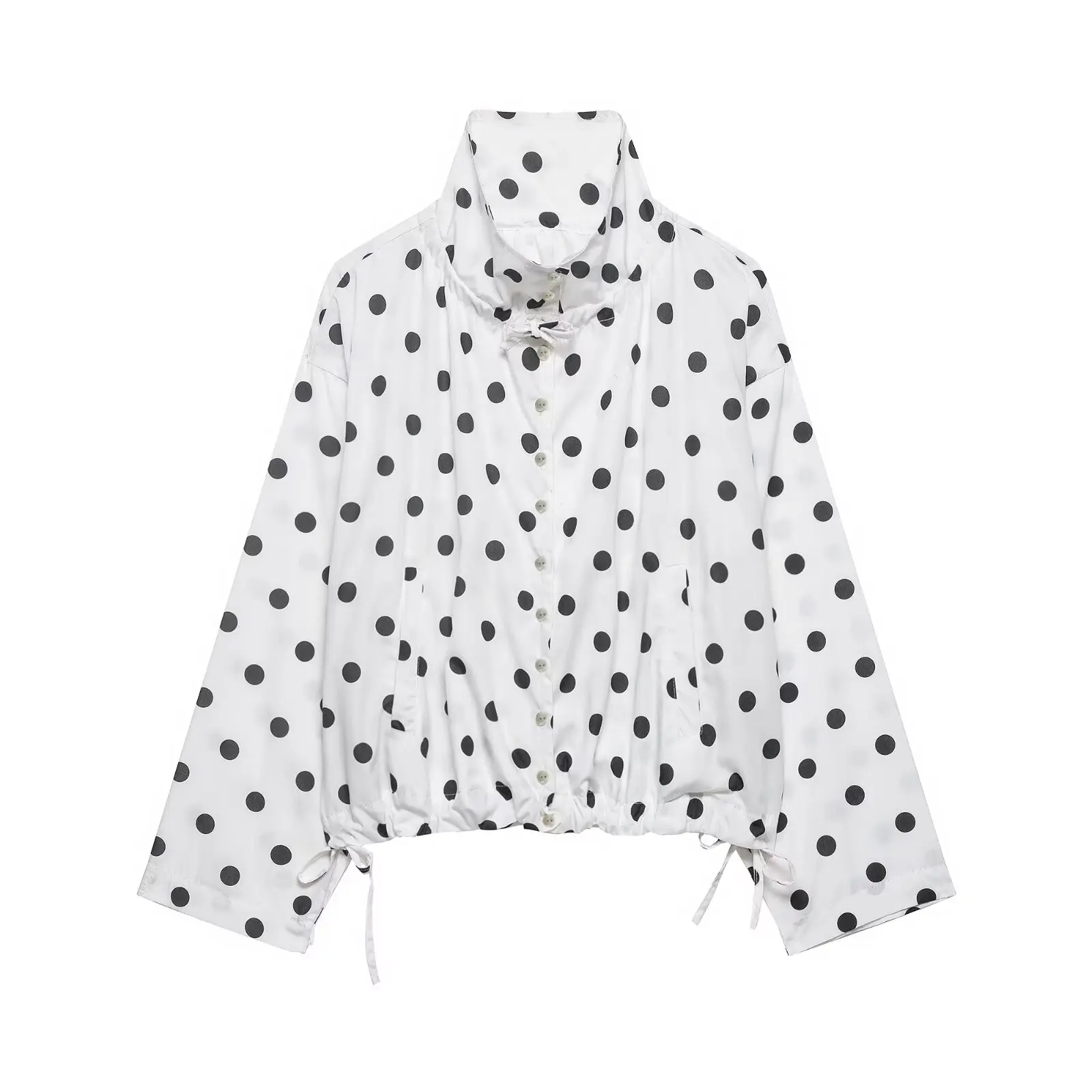 Koekop 2026 Ladies Polka Dot Cotton Short Jacket with Drawstring Collar, Fashionable Multicolored Short Coat, Elegant Feminine
