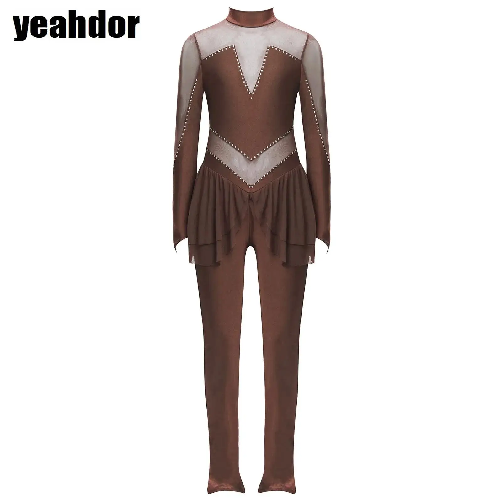 

Girls Figure Skating Performance Jumpsuit Long Sleeve Sheer Mesh Ballet Dance Leotard Workout Rhinestones Gymnastics Bodysuits