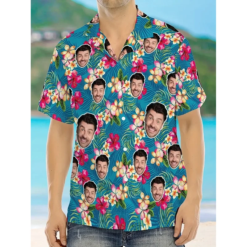 

Customized Face Photo Hawaiian Shirt Funny Humour Personality 3D Print Short Sleeve Button Shirts 2025 Outdoor Beach Leisure