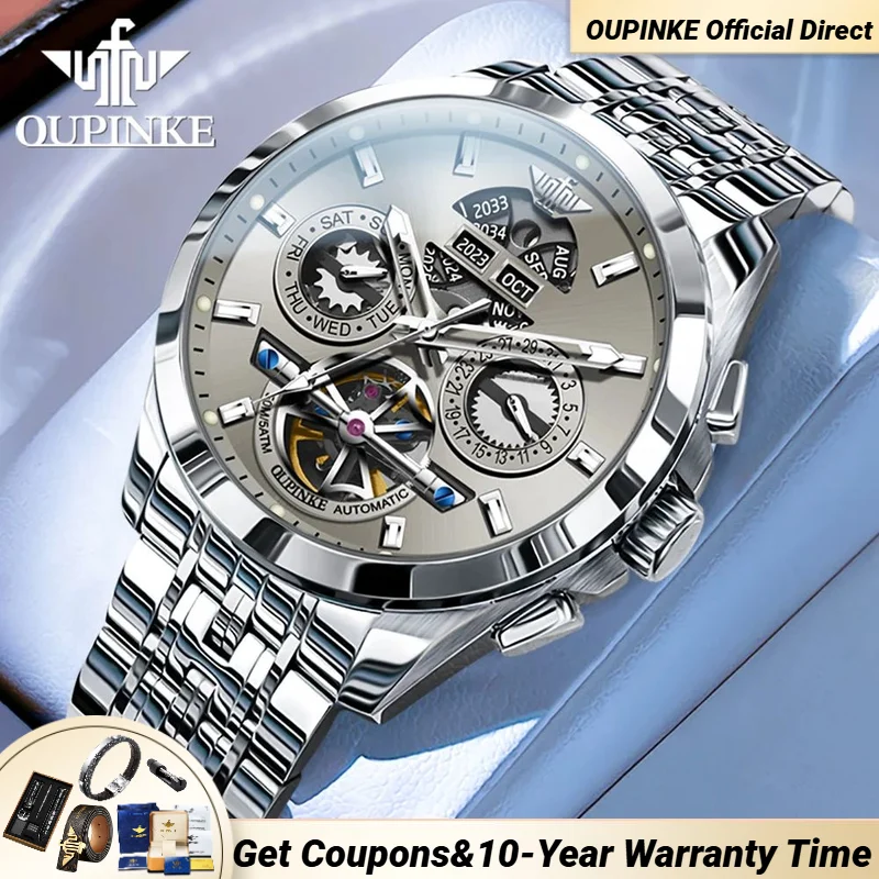 

OUPINKE Mechanical Watch for Men Multifunctional Chronograph Waterproof Flywheel Grey Wristwatches Automatic Movement Watch