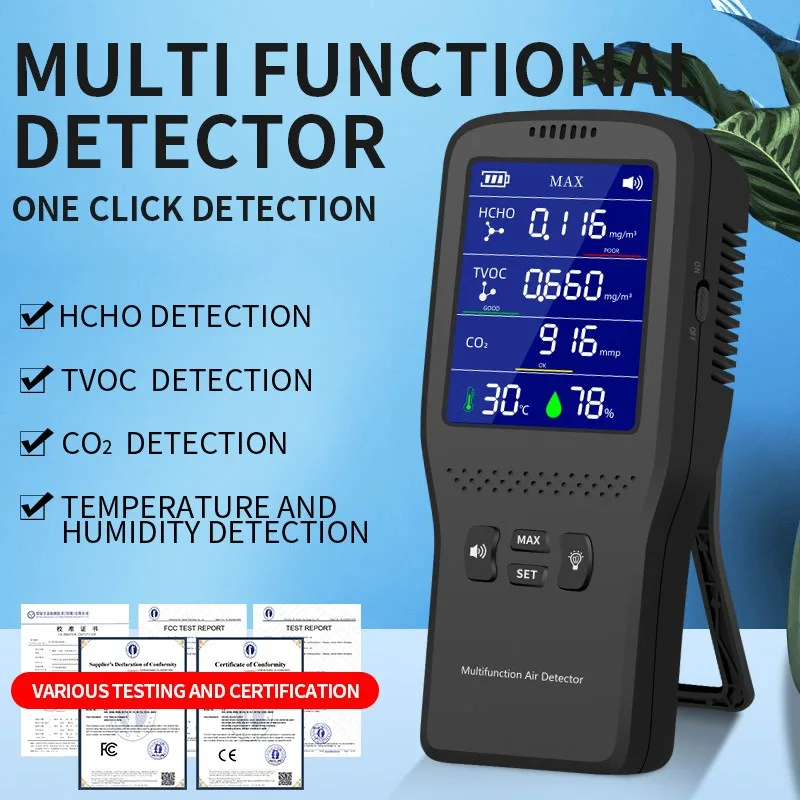 Multifunctional Indoor Air Monitoring Gadget Infrared Sensor Detect CO2 and HCHO Levels Built-in Temperature Humidity Measuring