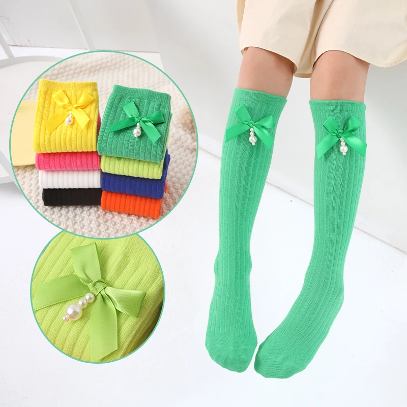 New Student Baby Girls Over The Knee Socks Kawaii Bow Knot Pearl Kids Long Socks Princess Cotton Stripe The Knee High Stockings