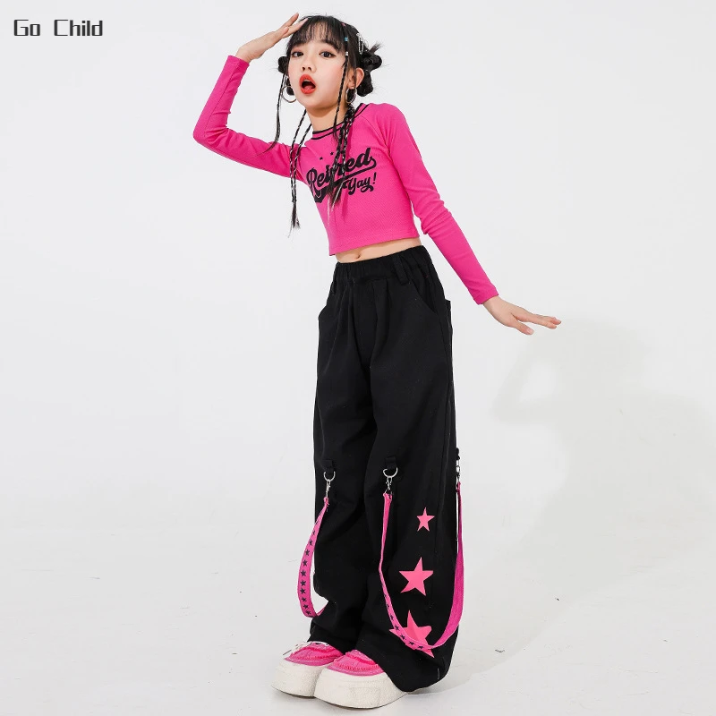 

Girls Hip Hop Crop Top Sweet Pink Loose Cargo Pants Kids Street Dance Pant Chain Children Streetwear Costumes Jazz Clothes Sets