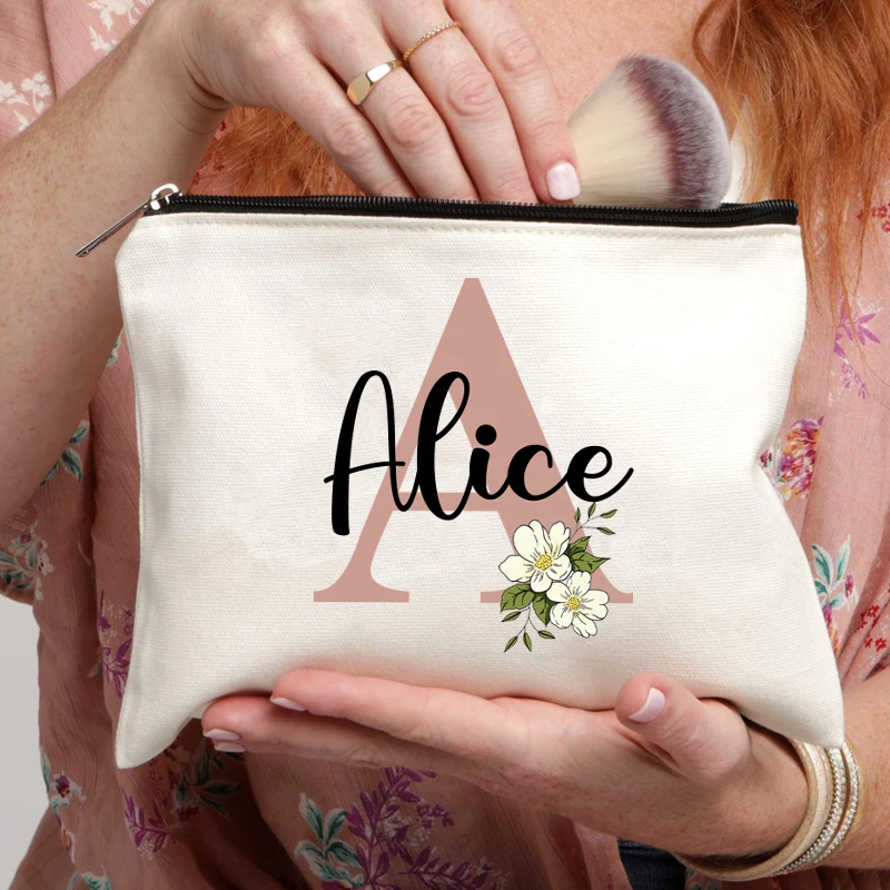 Floral Letters Custom Name Makeup Bag Best Gift for Bridesmaid Teachers Friends Cosmetic Case Personalise Gift for Birthday