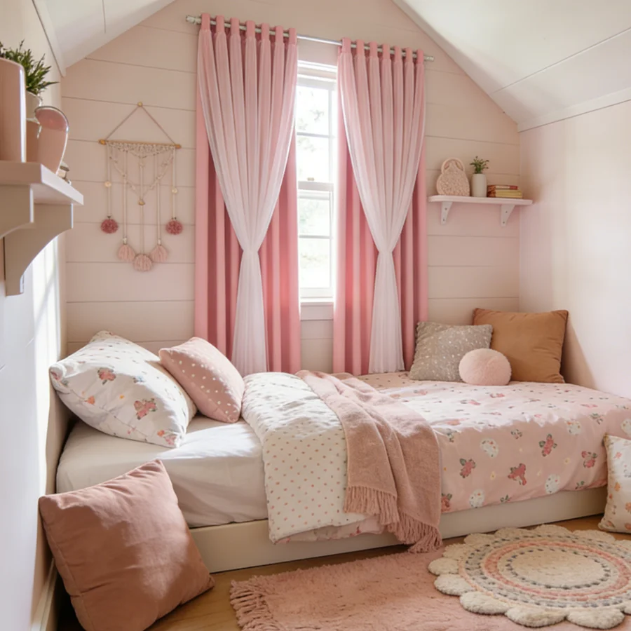Nordic Ins Style Double Layer Sheer Curtains, Pink Blackout Drapes for Kids Room Princess Style, Grommet Finished Window Curtain