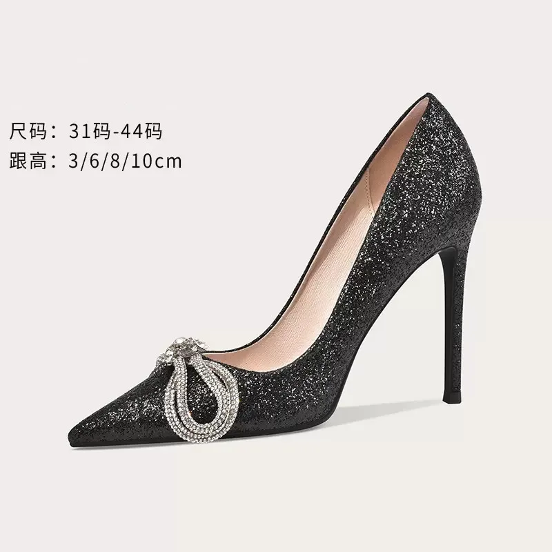 Spring Summer Pointed Head Sequins Rhinestone Butterfly Wedding Shoes Thin High Heel Party Dress Large Small Women's Single Shoe