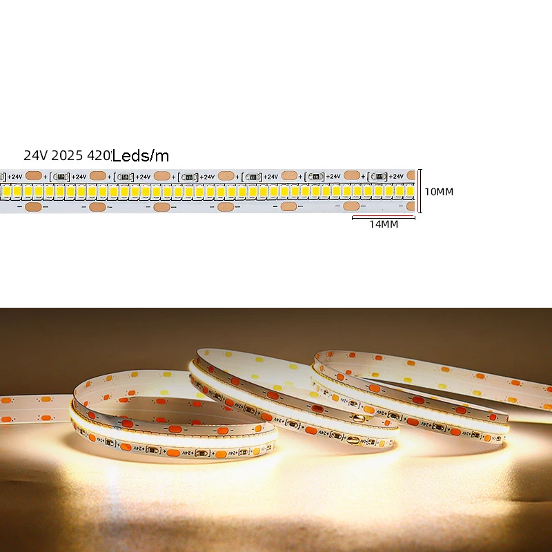 

5m High Density 2025 SMD 420 Leds/m LED Strip 24v 3000k 4500k 6000k LED Linear Backlight CRI85+ High Brightness 20w/m