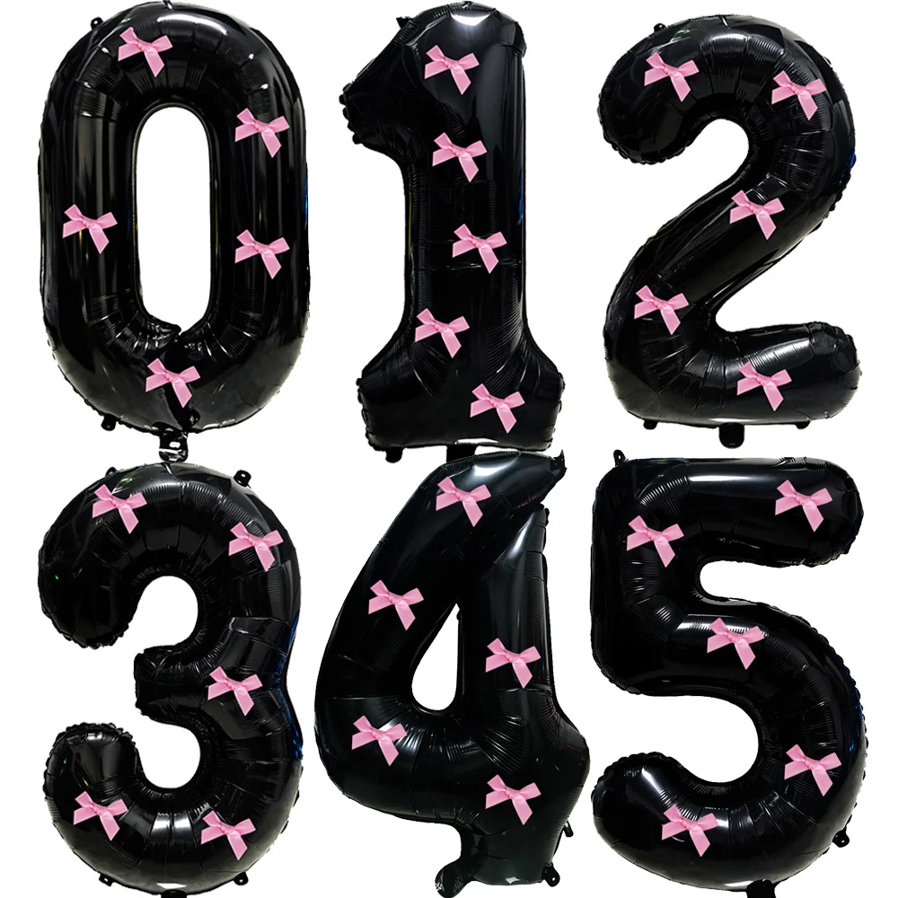 32-calowy balon z numerem Czarny różowy Mini kokardka do rękodzieła Satynowa wstążka Duża folia Czarny różowy balon z numerem Dekoracja urodzinowa dla dziewczynki