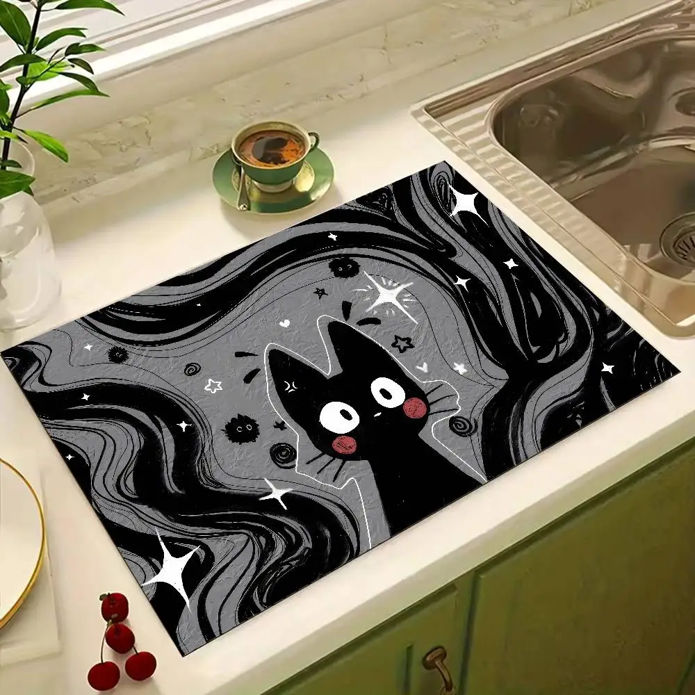 Cute Black Cat Draining mat Kitchen Countertop Protection Mat Super Absorbent Anti Slip Coffee Mat Coffee Bar Mats