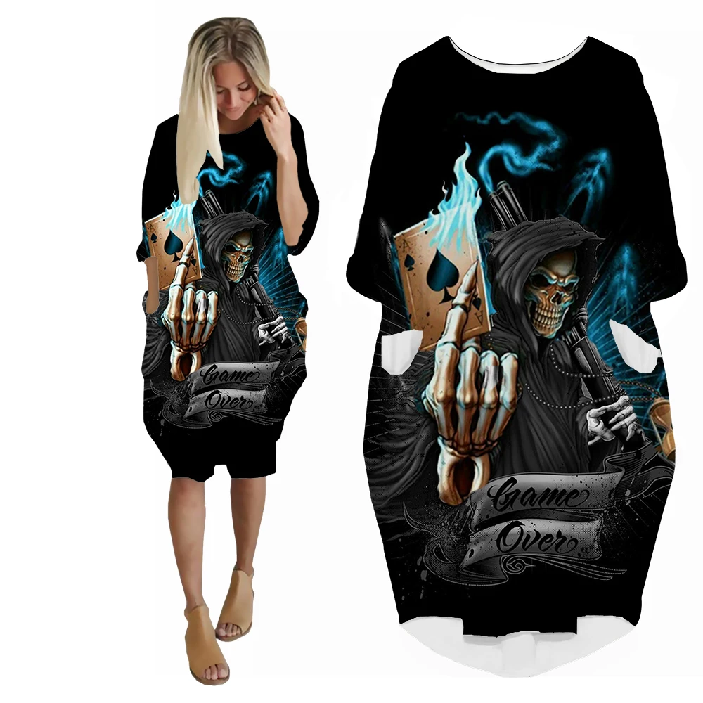 SONSPEE 2022 Street Personality Spades Poker Women's Dress The New Horror Series Skull 3D Print Skirt Suits Lady Girl Streetwear