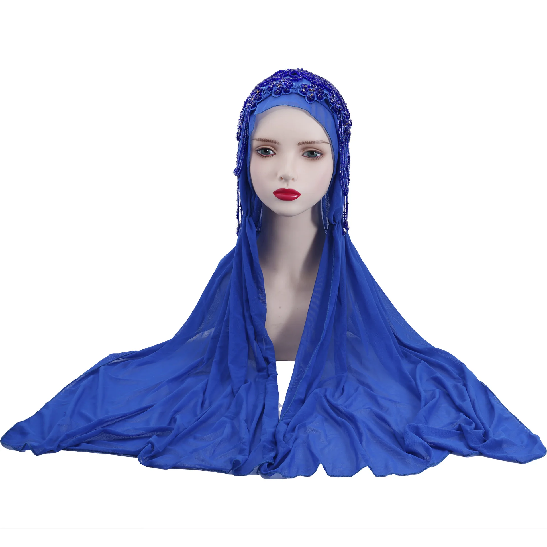 Elegant Women Beading Tassel Flower Turban Amira Shawls Wrap Fashion Headscarf Arabic Scarves Soft Comfortable for Wedding Party