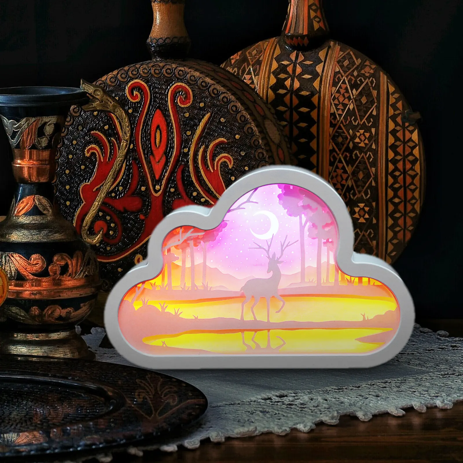 

3D Paper Cuttings Light Cloud Pattern Decorative USB Night Lamp White Hollow out Home Decor Bedroom Coffee Shop Bar