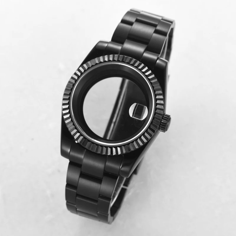 39mm Full Black DJ Watch Case Sapphire Glass For Men Fluted Bezel Fit NH35 NH36 Waterproof Jubilee Steel Watch modificationparts