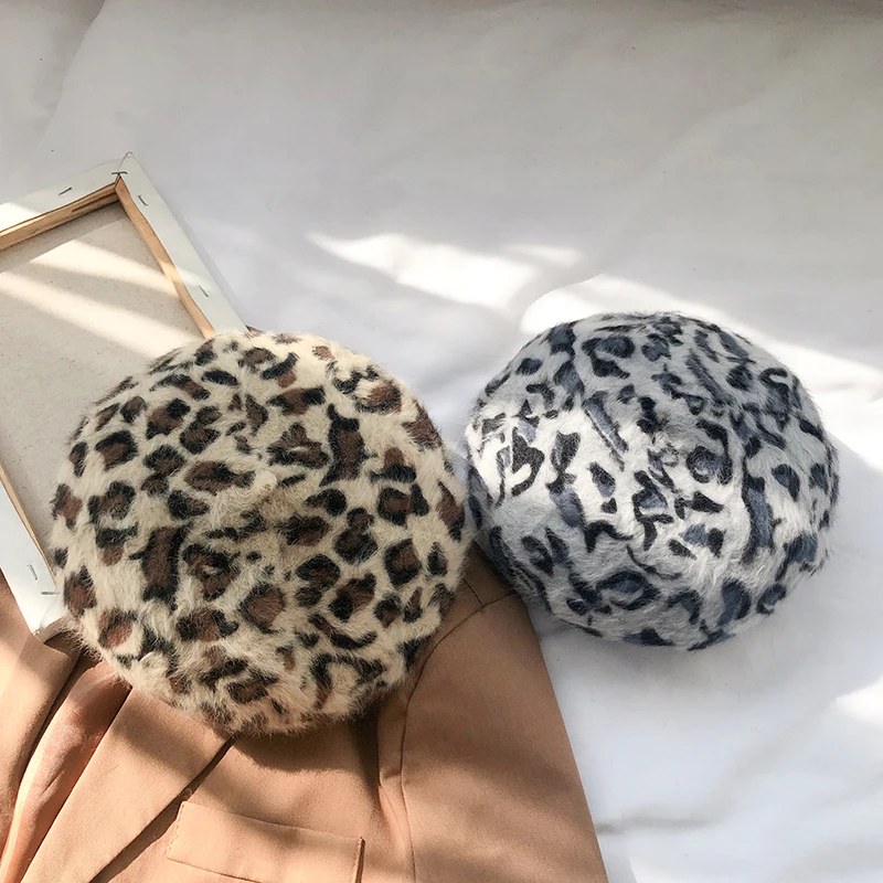 autumn Winter Women Fuzzy Leopard Berets Warm Rabbit fur beret Fashion Walking Cap