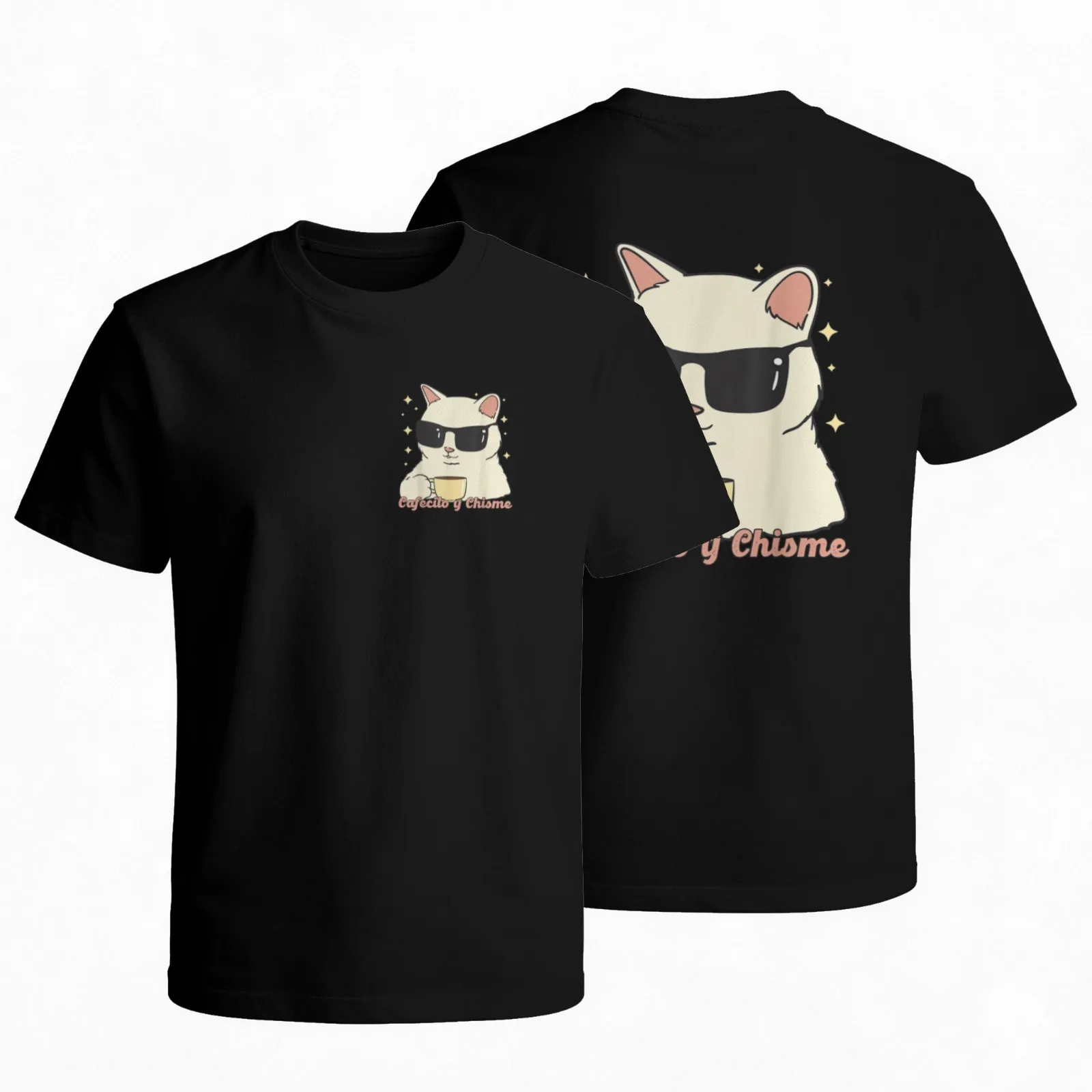 Funny Cat Coffe And Chisme Graphic T-shirt Breathable Cotton Short Sleeve Crewneck Daily Tee Double Sides Print