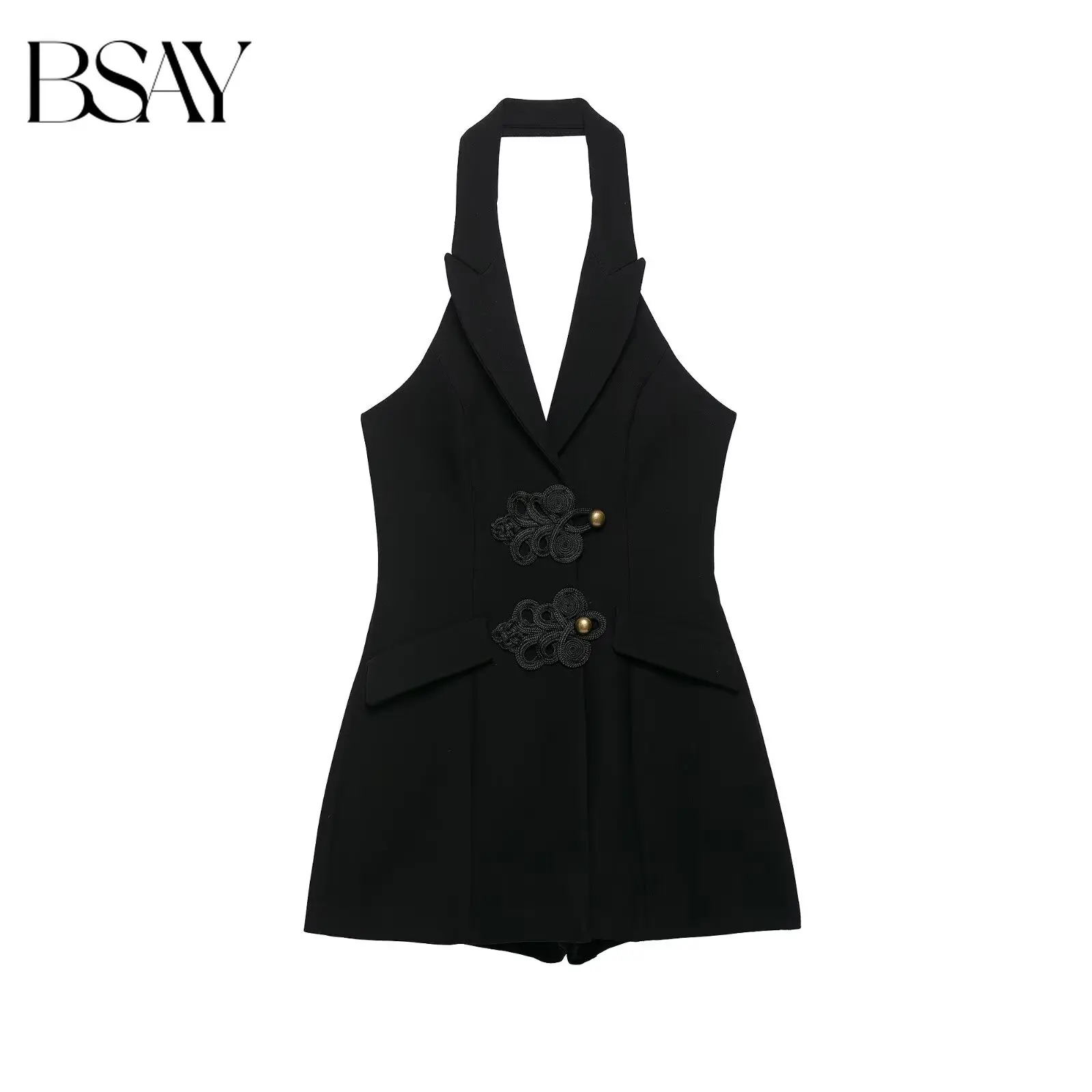 BSAY Women Black Halter Blazer Jumpsuit Lapel Collar Chinese Knot Buttons Sleeveless Slim Fit Short Rompers Elegant Party Outfit
