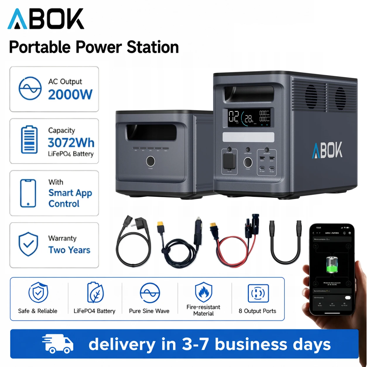 Image of Abok 2000W Powerstation-Kit, AC-Solargenerator, 3072Wh Lifepo4-Batterie für Zuhause und Camping, tragbare Stromversorgung, 4000+ Zyklen Lebensdauer.