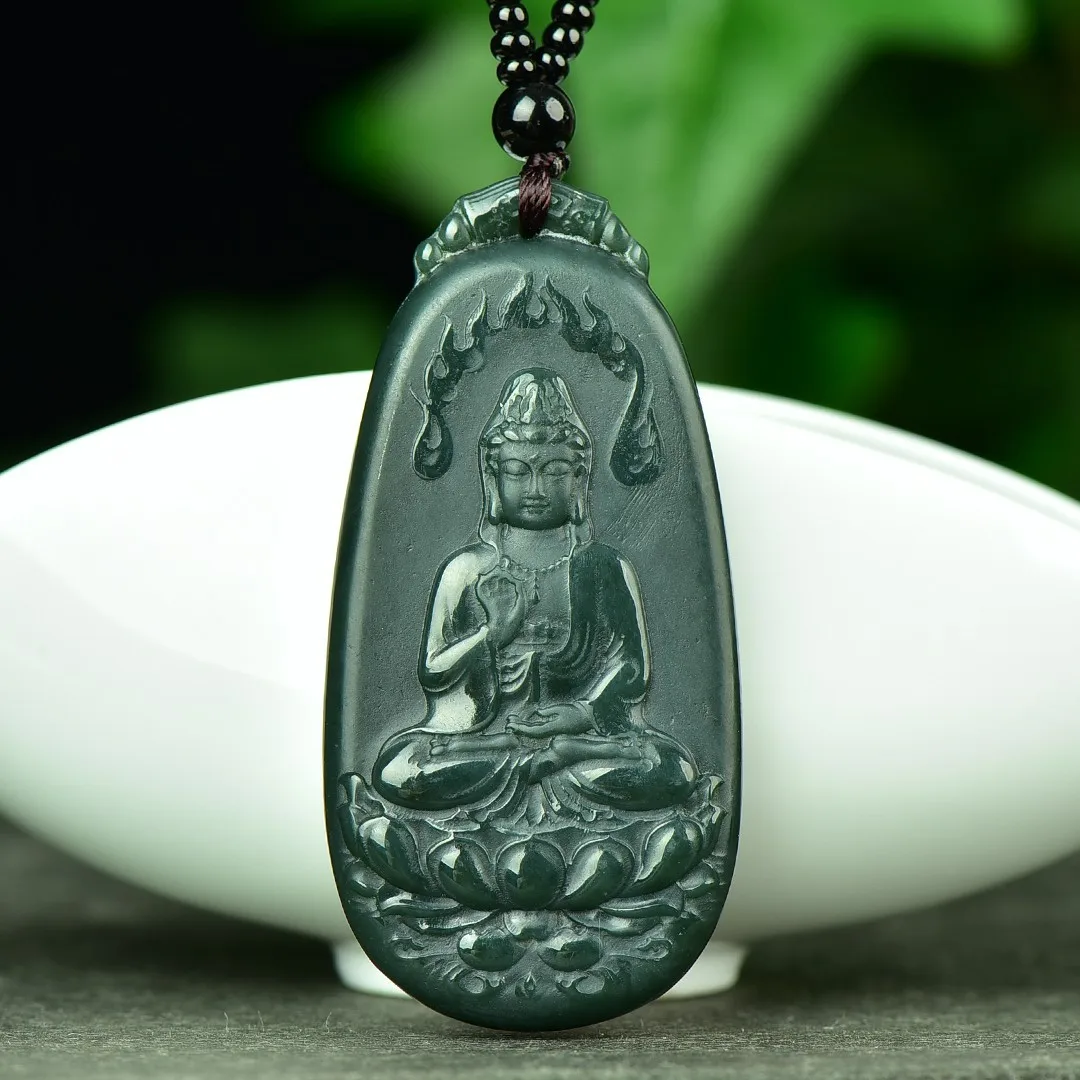 32*65mm Green Jade Lotus Flower Platform Guanyin Pendant Necklace Men Women Nephrite Hetian Jades Fengshui Charms Sweater Chain