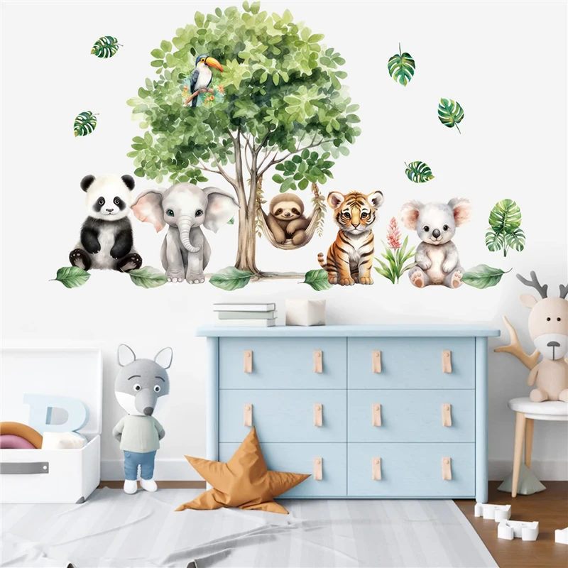 Leuke Tijger Panda Koala Olifant Boom Muurstickers Voor Kinderkamer Decoratie Cartoon Dieren Muurschilderingen Diy Pvc Poster Thuis Decals