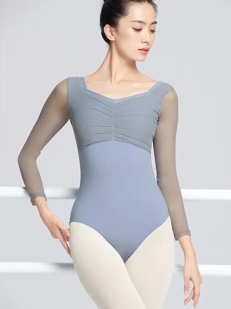 

Adult Mesh Patchwork Backless Long Sleeve Ruched Slim Fit Ballet Romper – Modern Stage Dancewear for Women Bodysuit