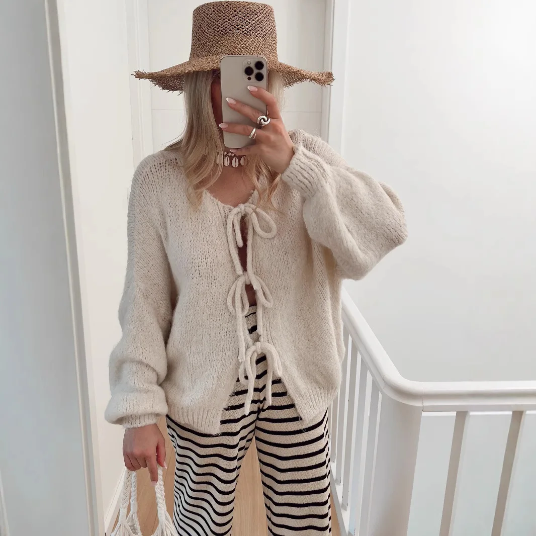 Осень 2024, женские однотонные свитера на шнуровке с круглым вырезом, женские зимние вязаные прямые джемперы, повседневные офисные с длинными рукавами