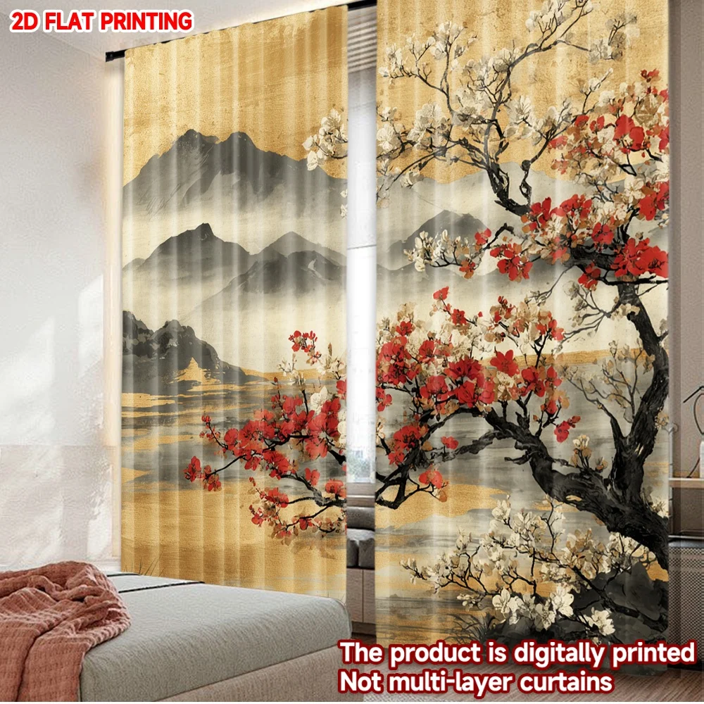 2pcs Mountain Landscape Curtains Cherry Blossom Tree Window Drapes Gold Asian Ink Painting Decor Living Room Bedroom