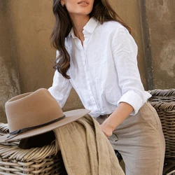 100% Linen White Shirts And Blouses Turn Down Collar Long Sleeve Tops  Chic Elegant Ol Women'S Shirt Camisas De Mujer