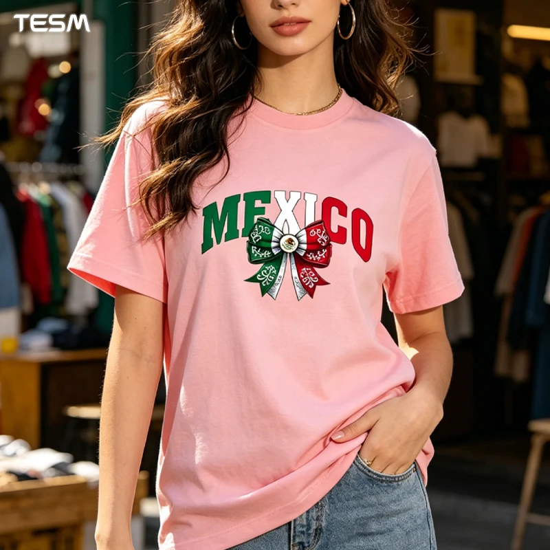 Women Oversized Cotton T Shirt Mexico Flag Rhinestone Lips Graphic Tees Couple Matching Streetwear Casual Short Sleeve Fan Tops